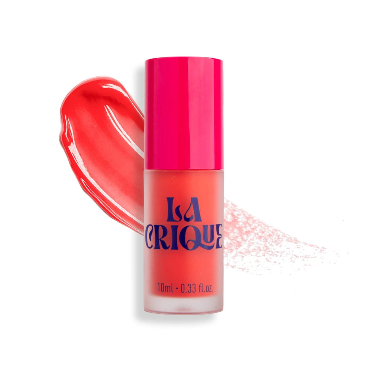 A bottle of Faire 03 Water Lip Balm Shade with a bright red-pink cap sits before a swatch of its vibrant red-pink color on a white background, showcasing a fresh, matte finish.
