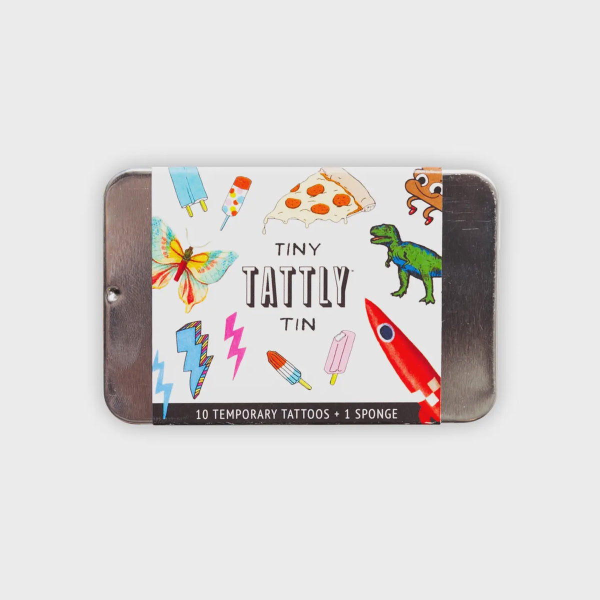 Tattly Tattoo Tin by Faire, featuring vibrant designs such as a butterfly, pizza slice, octopus, dinosaur, lightning bolts, popsicles, and a rocket. Includes non-toxic Tattly Temporary Tattoos with text: "10 Temporary Tattoos + 1 Sponge.