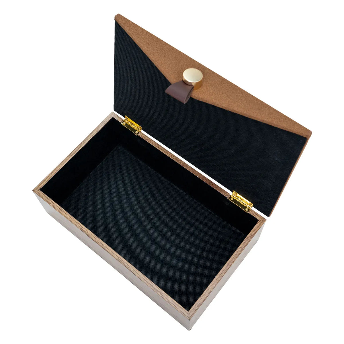 Harriett Box, a rectangular wood grain storage box with an open lid, black felt lining, and gold button clasp.