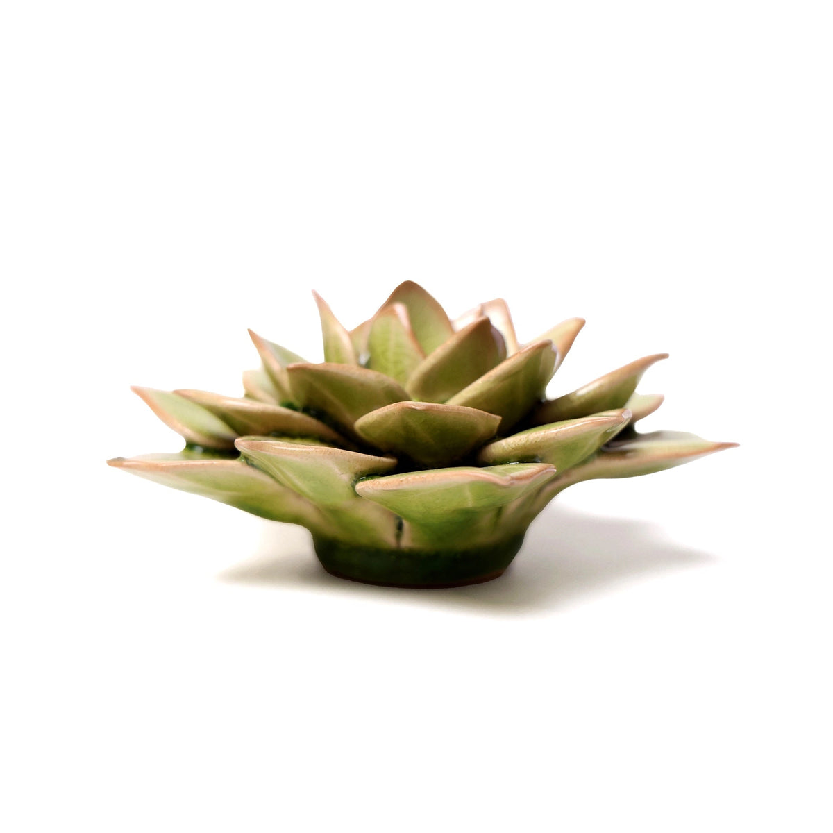 The Green Fairy Echeveria ceramic figurine by Faire, shaped like a succulent with pointed leaves, pairs beautifully with pottery wall decor to add a stylish and natural vibe to any space.
