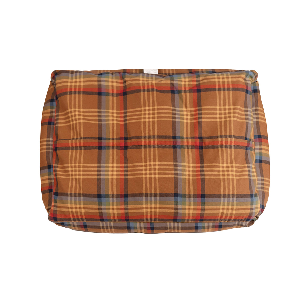Large rectangular Pendleton Plaid and Fur Kuddler bolster dog bed in tan, red, and blue machine-washable fabric.