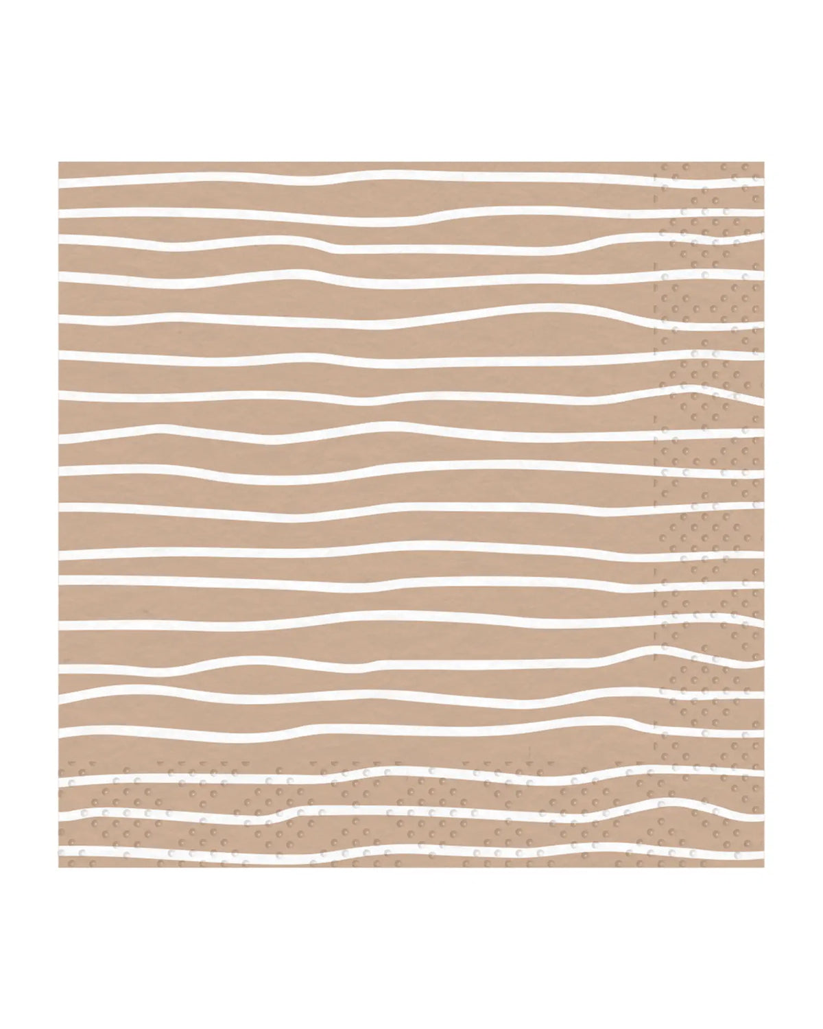 The Faire Eco Sand Cocktail Napkin features a tan background with wavy white lines and dotted diagonal accents—perfect for adding a modern, eco-friendly touch to any gathering.