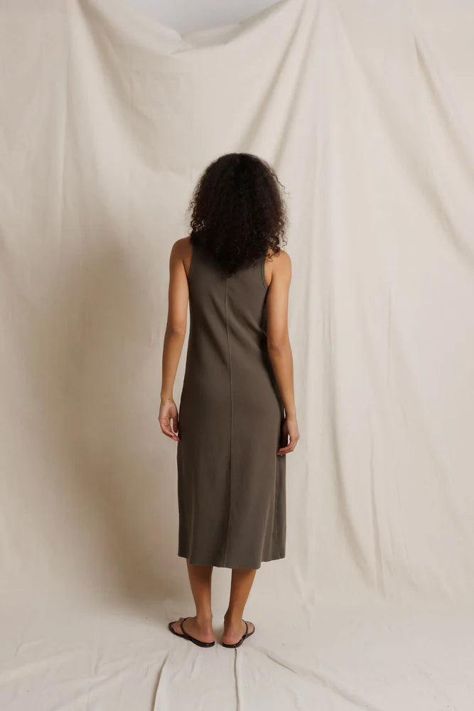 Perfectwhitetee Edith Heavy Rib Midi Tank Dress in neutral tone, back view, paired with sandals, casual modern style.