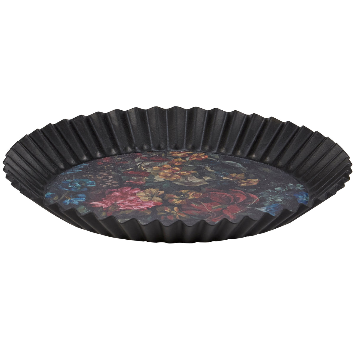Black fluted vanity tray with vibrant floral pattern by Faire, perfect for adding style to home decor or vanities.