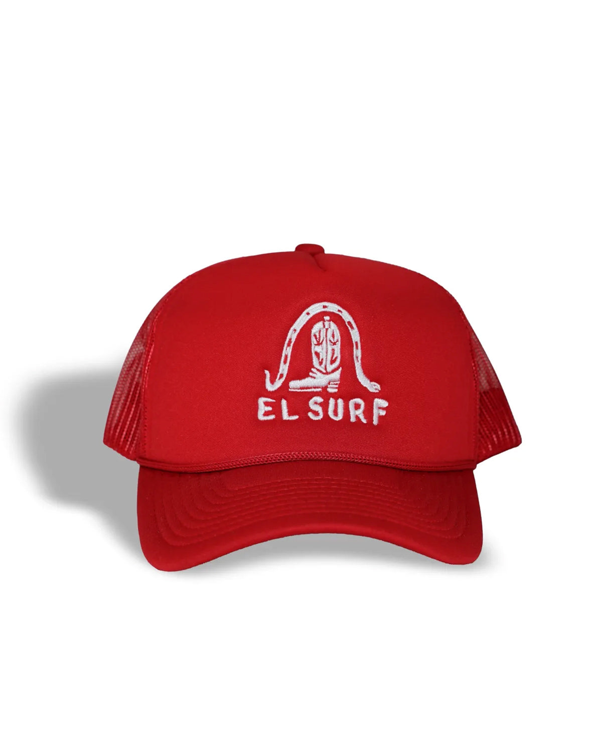 The El Surf Hat by Ping Pong Surf Club is a red foam trucker with a mesh back, snapback closure, and features a white stylized snake above “EL SURF” on the front. It’s displayed casting a left shadow on a white background.