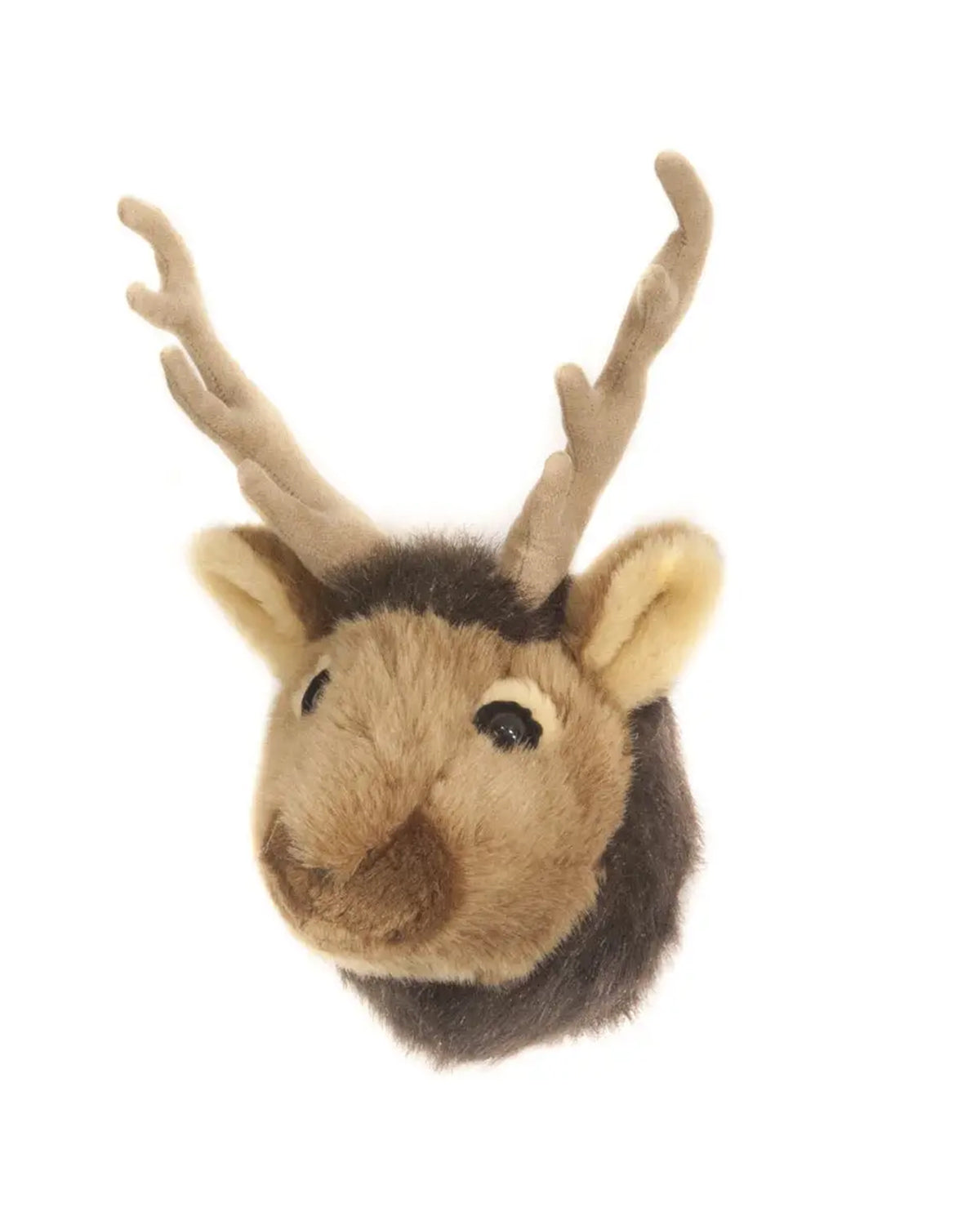 The Faire Elk Mini Trophy Head is a plush wall décor featuring brown fur, black eyes, beige ears, and two soft light brown antlers—ideal for outdoor enthusiasts—shown against a plain white background.