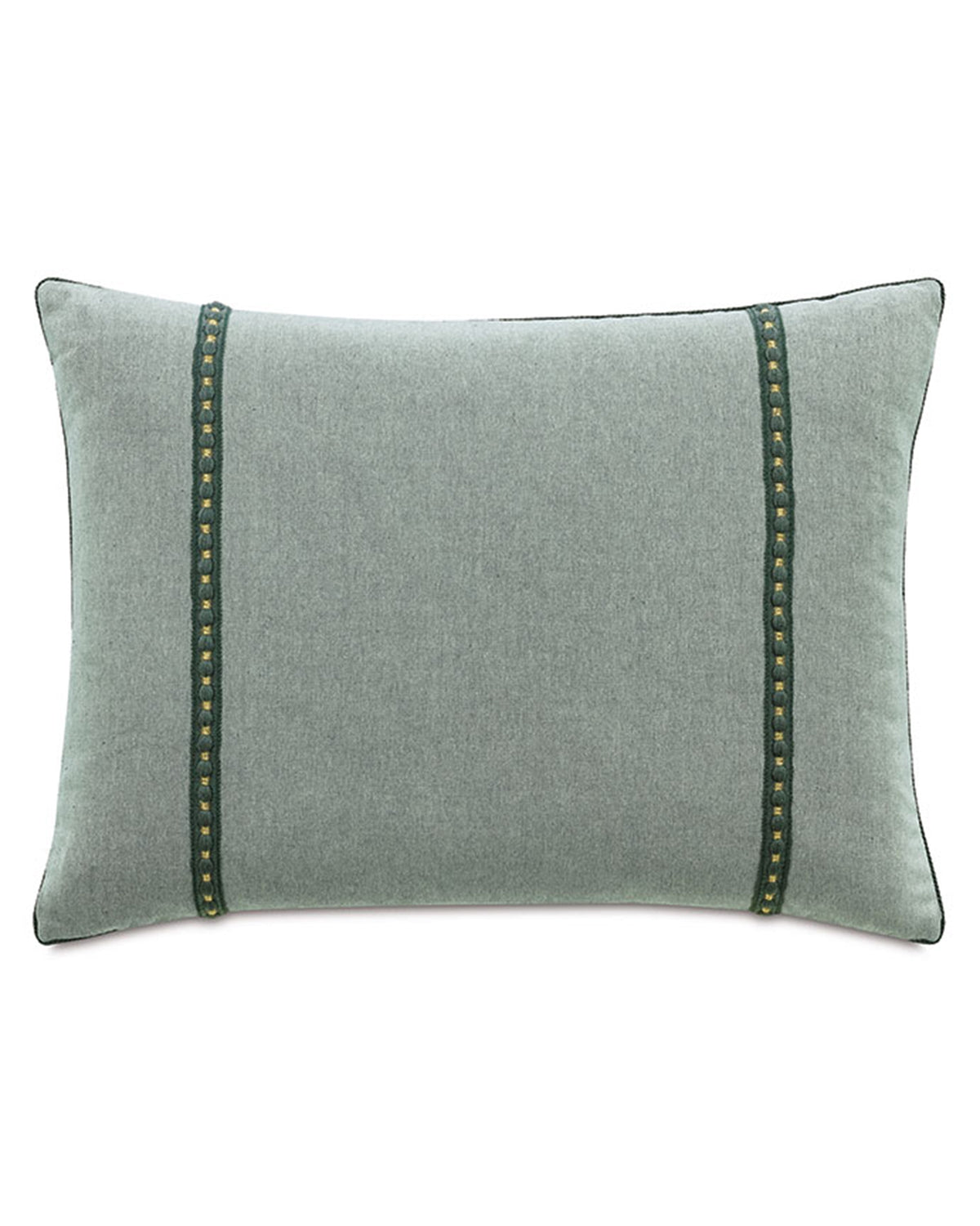 The Elspeth Gimp Pillow by Eastern Accents is a rectangular light gray cotton pillow featuring two dark green embroidered stripes, small gold accents, and an emerald trim that elevates its simple, modern design.