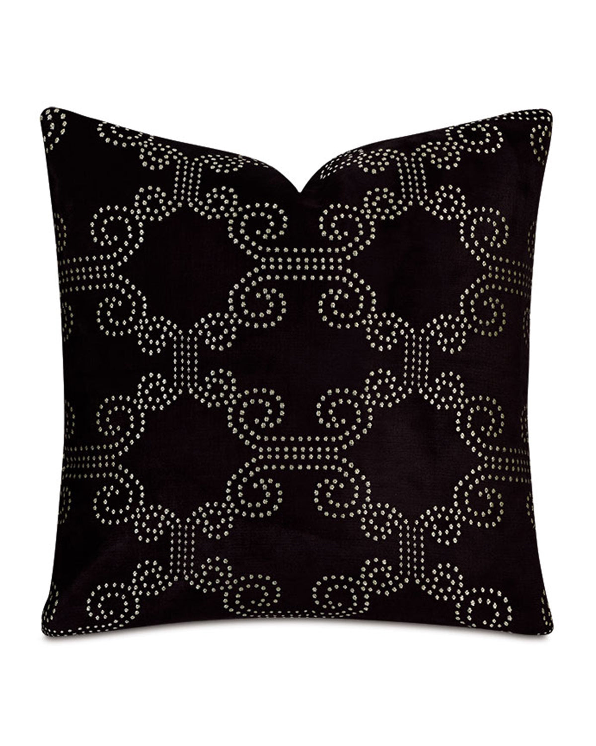 The Elton Onyx Pillow by Eastern Accents is a black 22"x22" accent featuring a geometric trellis pattern of metallic silver studs on woven metallic fabric.