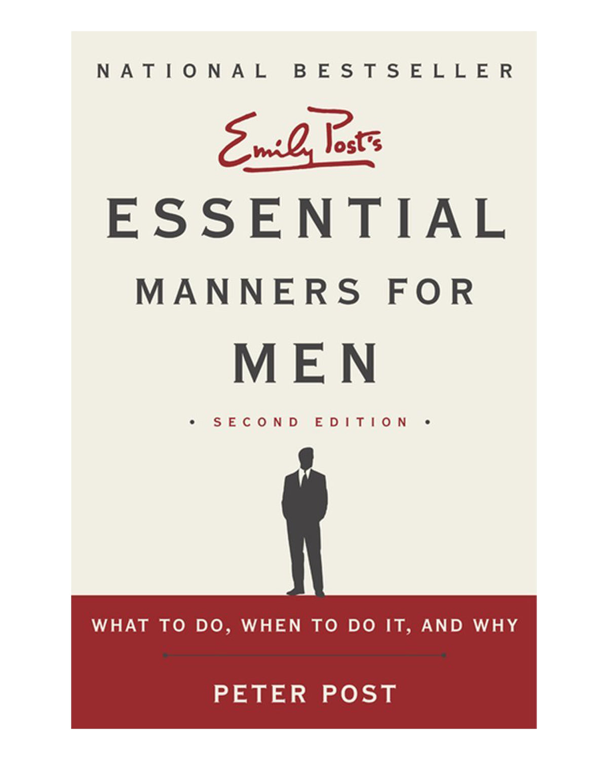 Book cover of "Essential Manners For Men" by Harper Collins. Features a silhouette of a man in a suit. Subtitle: "What to do, when to do it, and why." Second edition guide on men's etiquette.