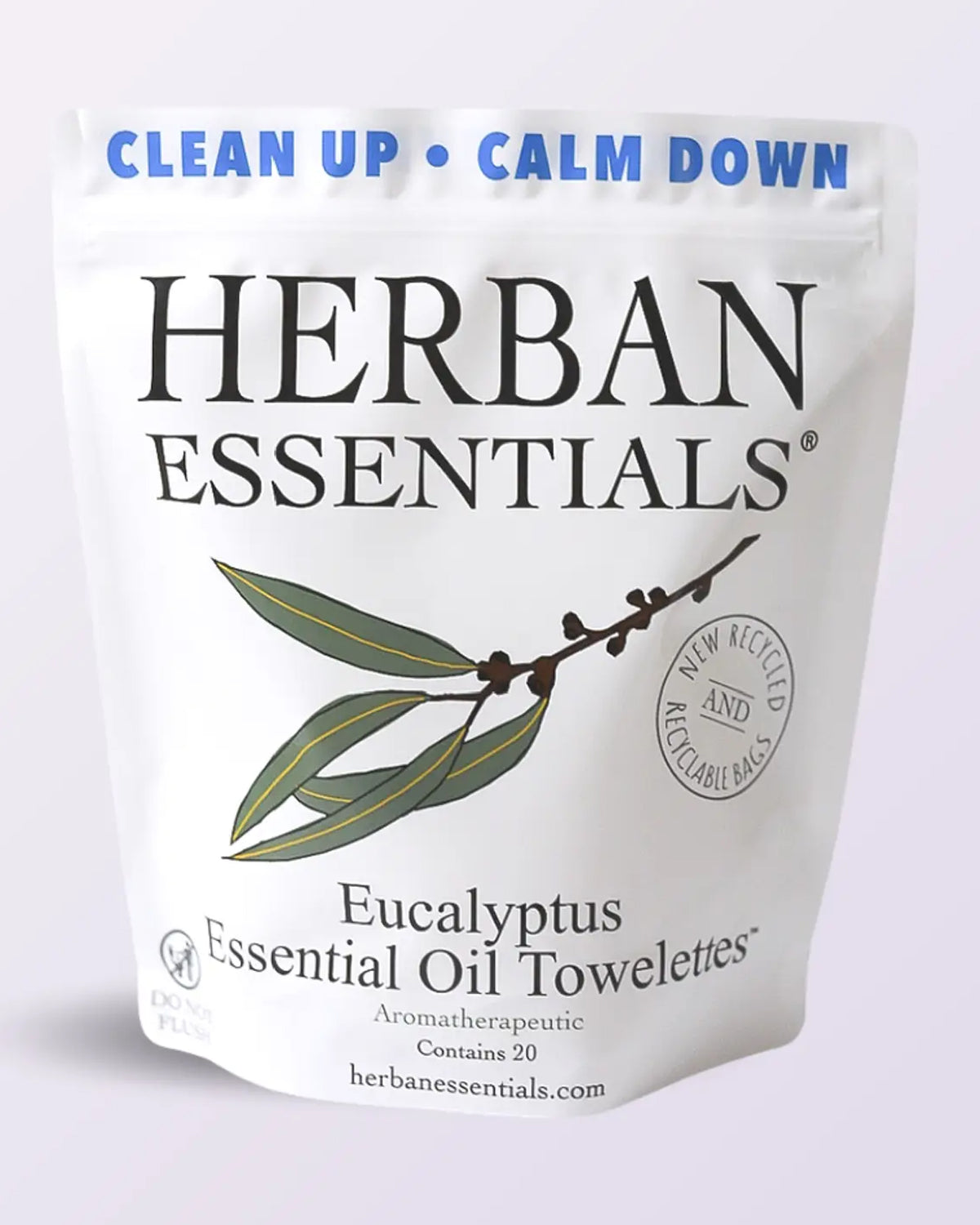 A white resealable pouch labeled "Faire Eucalyptus Essential Oil Towelettes | Portable Aromatherapy" features eucalyptus leaves and holds 20 individually wrapped wipes—ideal for travel, quick cleanups, and refreshing aromatherapy anytime.