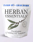 A white resealable pouch labeled "Faire Eucalyptus Essential Oil Towelettes | Portable Aromatherapy" features eucalyptus leaves and holds 20 individually wrapped wipes—ideal for travel, quick cleanups, and refreshing aromatherapy anytime.