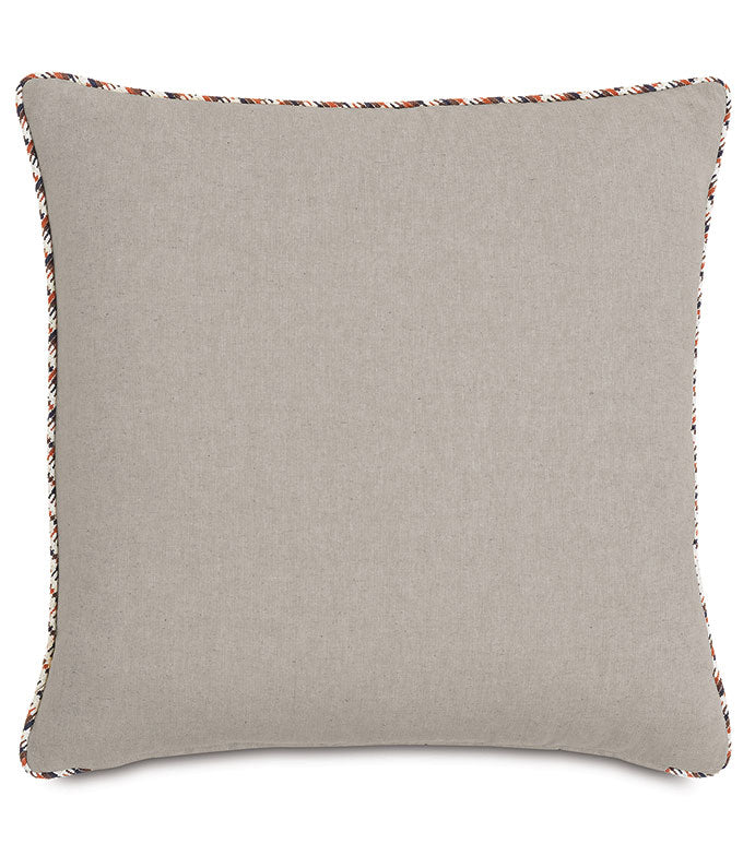 Square beige Moab Graphic 27x27" throw pillow with a distinctive orange, black, and white striped piping around the edges, perfect for a Scottsdale bungalow by Eastern Accents.