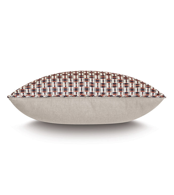 A Moab Graphic 27x27" decorative pillow with a two-tone design, featuring a houndstooth pattern on the top half and plain grey fabric on the bottom, displayed against a white background in a Scottsdale Arizona bungalow.