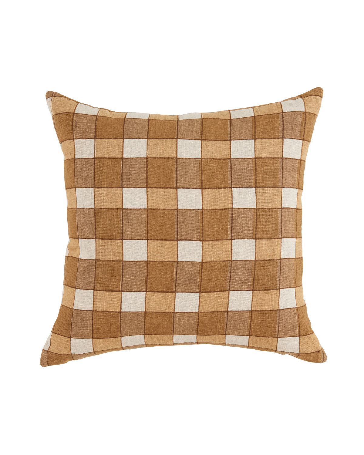 The Ezra Pillow by Faire features a chic checkered pattern in brown, tan, and beige on a crisp white background.