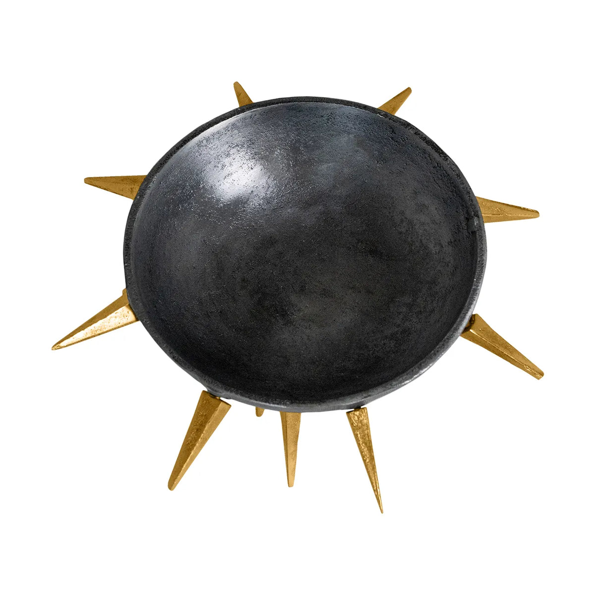 The Import Collection's Punk Centerpiece is a black, matte-finish metal bowl with gold sunburst spikes around the rim, offering industrial chic style—shown on a white background.