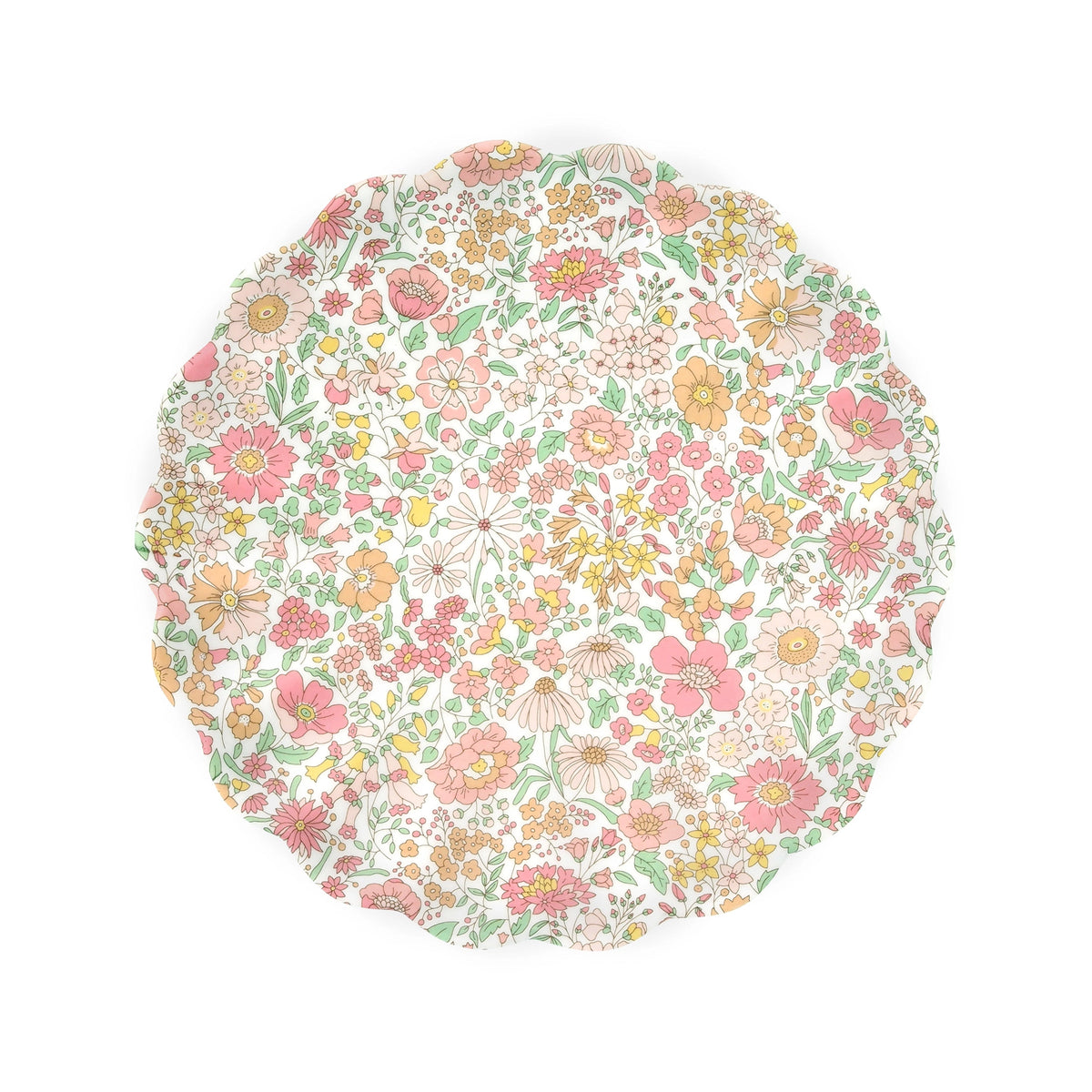 Scalloped reusable small plates with pastel floral print, Faire Meri Meri x Liberty, perfect for spring entertaining.