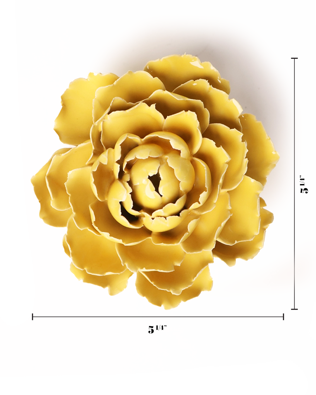 Overhead view of Faire's Buttercup Yellow Peony, a ceramic, flower-shaped piece with rough edges, 5¼" wide by 5" tall—ideal as handmade botanical wall art or home decor. Measurement lines appear along right and bottom sides.