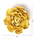 Overhead view of Faire's Buttercup Yellow Peony, a ceramic, flower-shaped piece with rough edges, 5¼" wide by 5" tall—ideal as handmade botanical wall art or home decor. Measurement lines appear along right and bottom sides.
