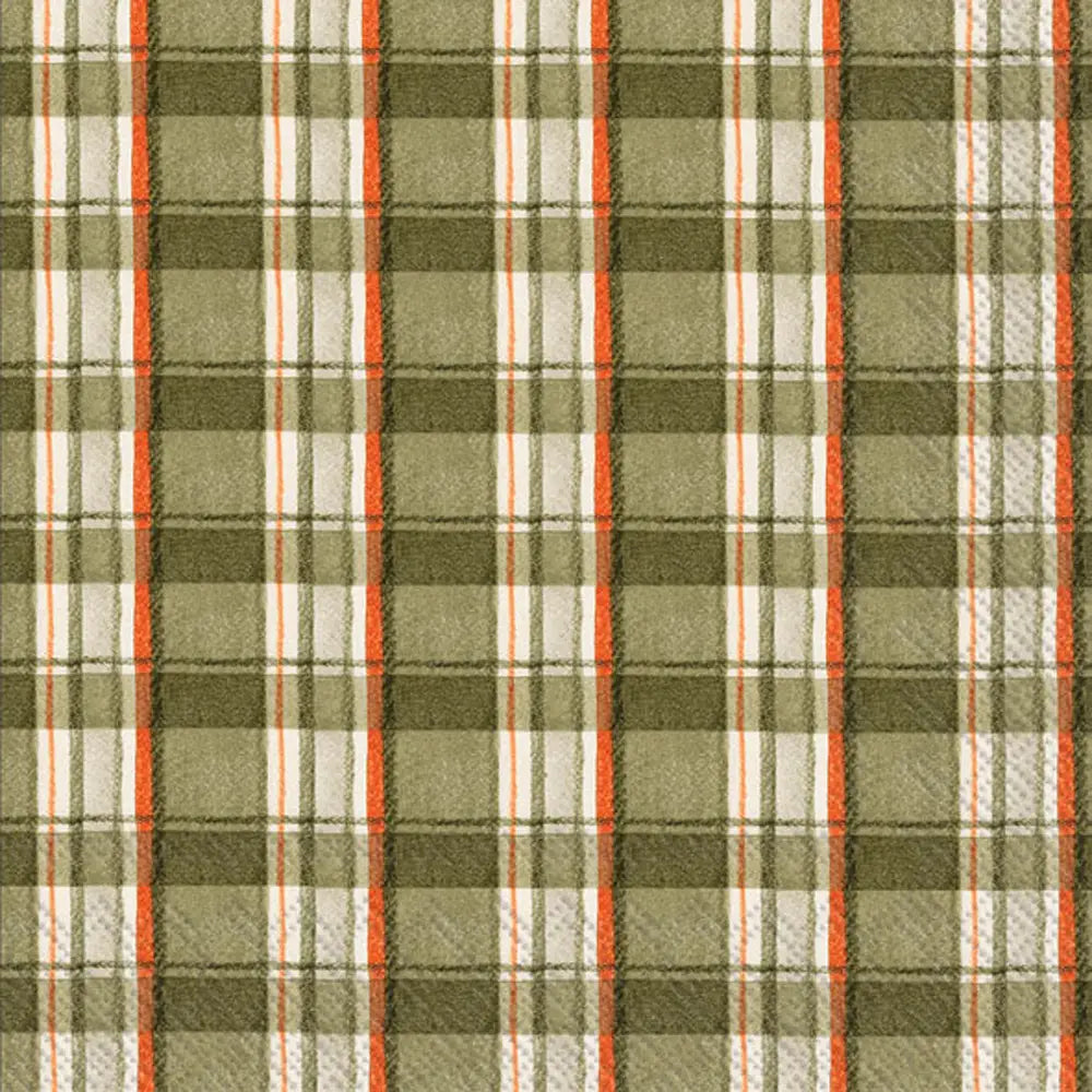 Faire's Boston Cocktail Napkins feature a plaid pattern in olive green, beige, and white with thin red and orange stripes. The textured woven design adds a stylish touch to any gathering.