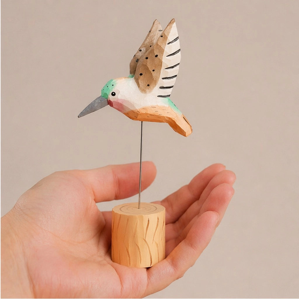 Faire Hand-Painted Brown Carved Hummingbird on wire and wooden base held in hand.