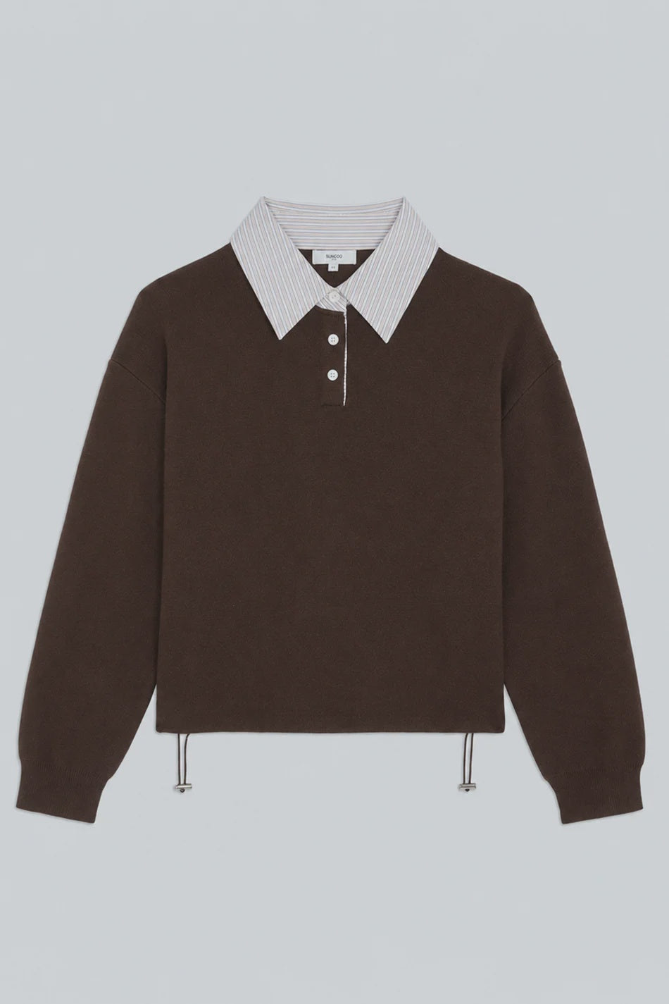 Brown fine-gauge knit sweater with white striped polo neckline and button placket by SUNCOO.