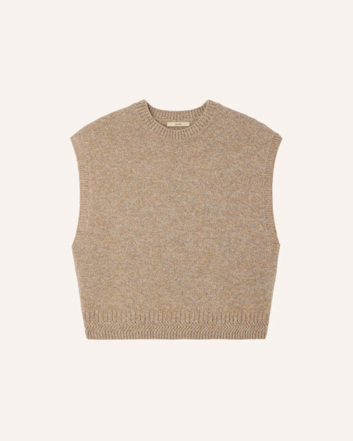 Beige merino wool sleeveless jumper by Sessun, laid flat on a light background at Bungalow Furniture & Accessories.