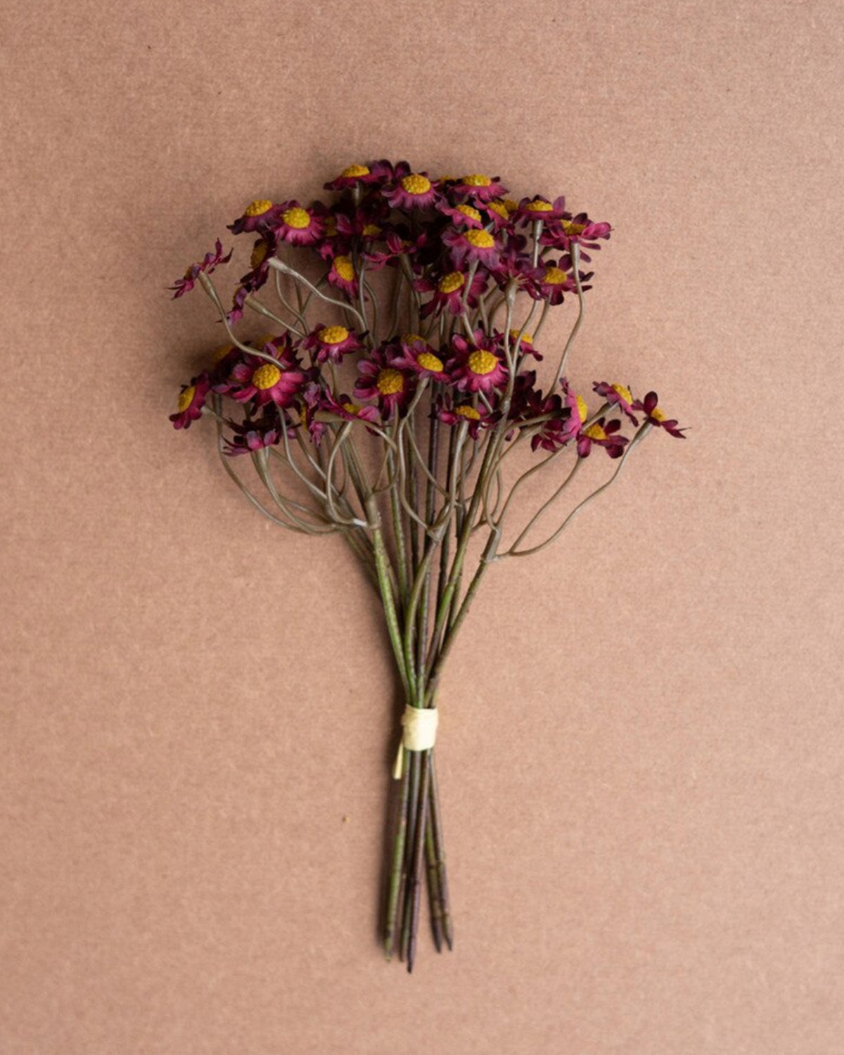 Burgundy chamomile bouquet with yellow centers, tied for cozy fall decor by Kalalou, CHAL1064.