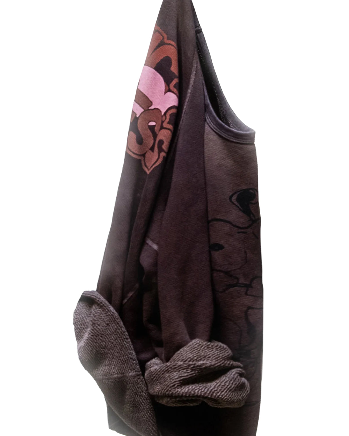 Brown cartoon graphic sweatshirt by The Free City, BasicGoodness Schulz Raglan, displayed on white background.
