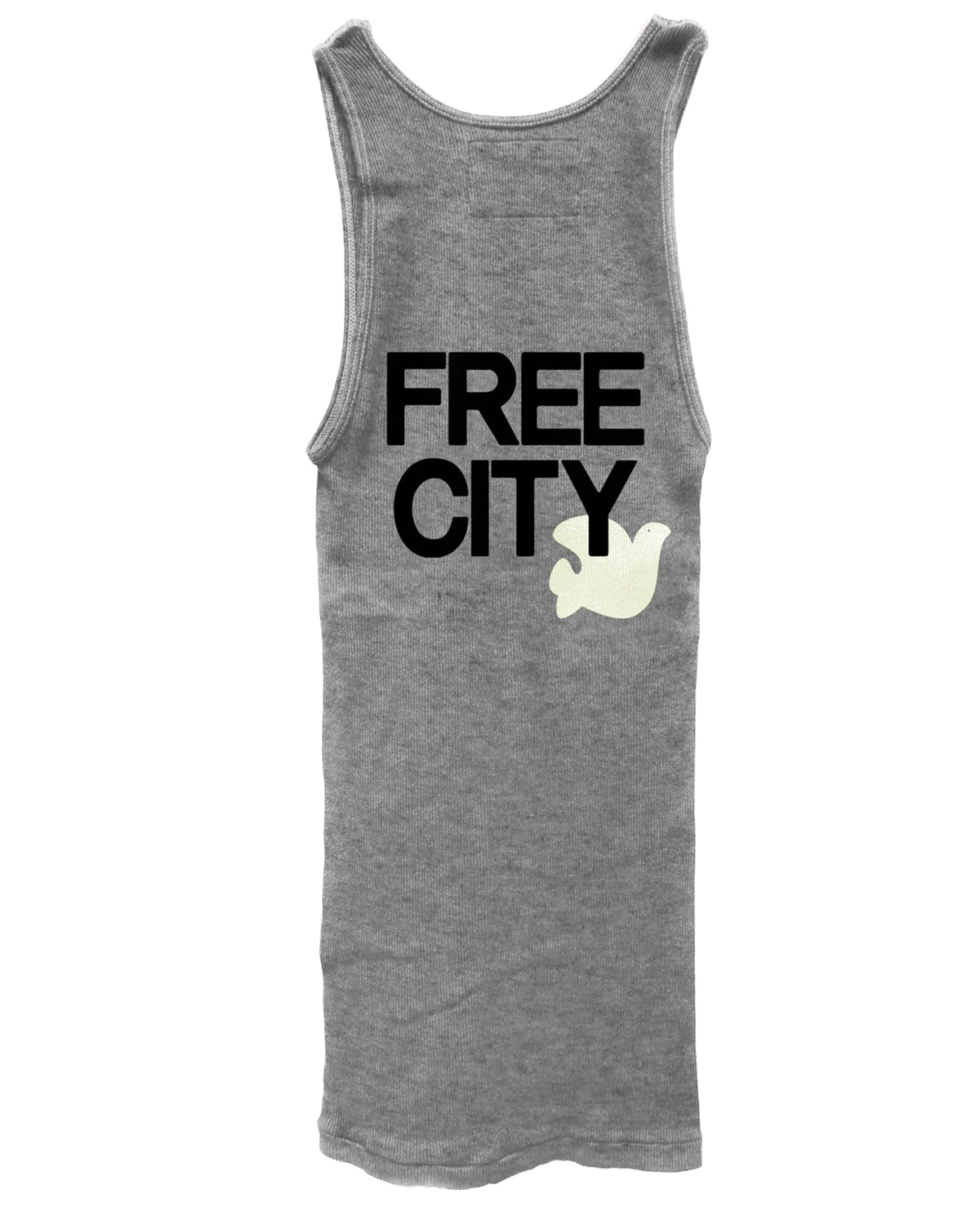 The FreeCity SuperVintage Tank by Free City (sparrow, LLC) is a gray unisex rib tank handmade in Los Angeles, featuring bold "FREE CITY" text and a white dove graphic on the back.