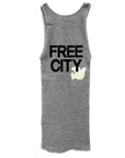 The FreeCity SuperVintage Tank by Free City (sparrow, LLC) is a gray unisex rib tank handmade in Los Angeles, featuring bold "FREE CITY" text and a white dove graphic on the back.