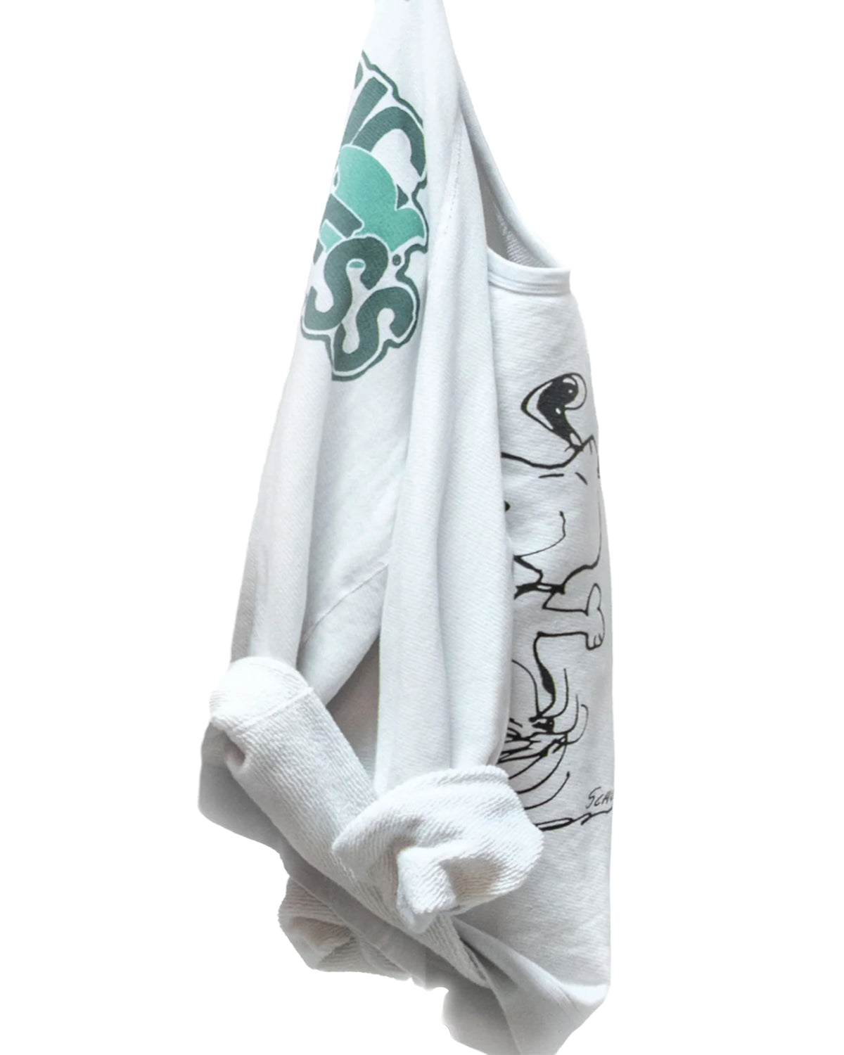 Oversized green French terry raglan sweatshirt with hand-screened Snoopy graphics, folded sleeves by Free City.