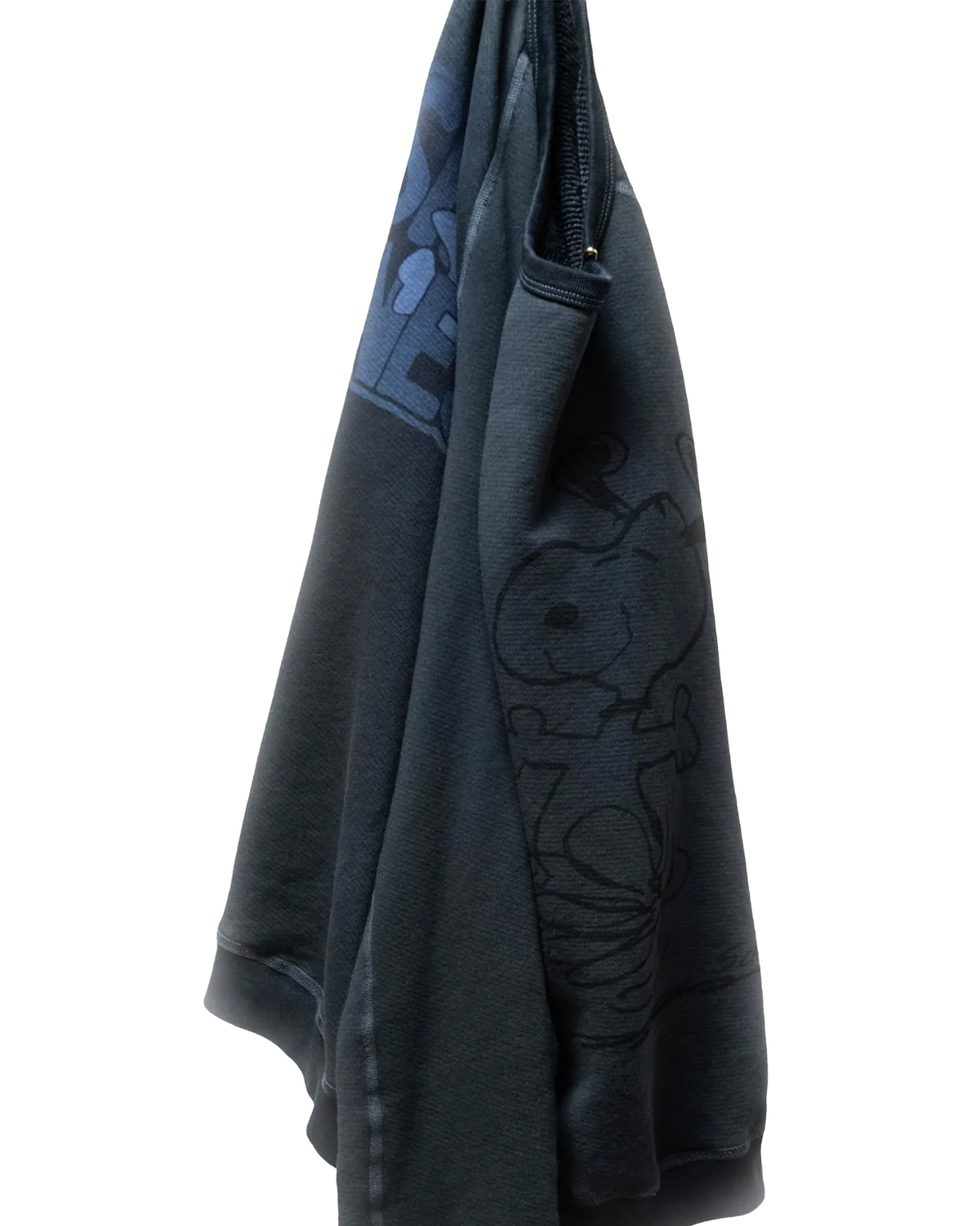Snoopy Spacerocks graphic raglan hoodie by Free City hangs on a hook against a white background.