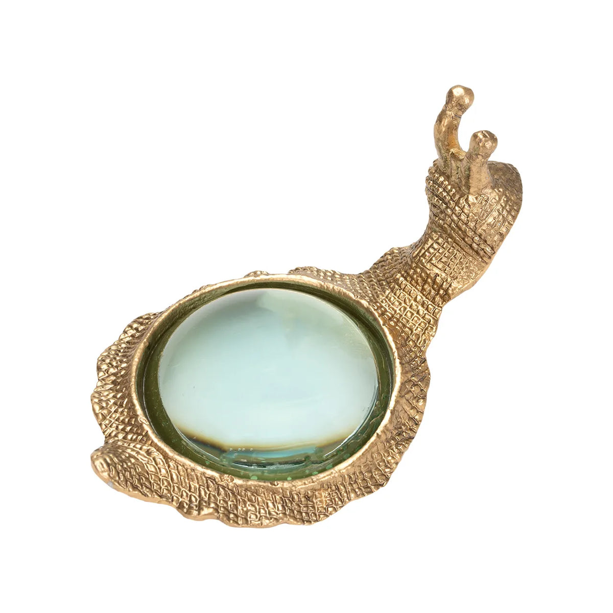 Kasden snail-shaped magnifying glass in gold-toned textured metal for a desk accessory.