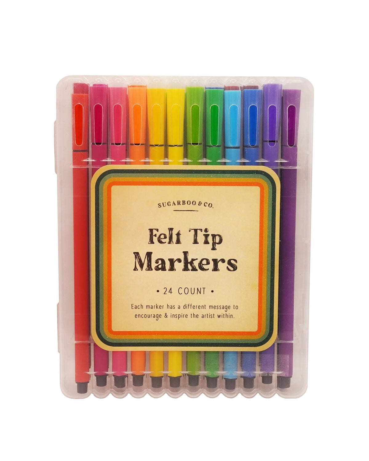 A plastic case from Sugarboo Designs holds 24 colorful Felt Tip Markers, arranged in a red-to-purple gradient. The label reads "Felt Tip Markers, 24 count," perfect for inspiring creativity and enhancing your art supplies.