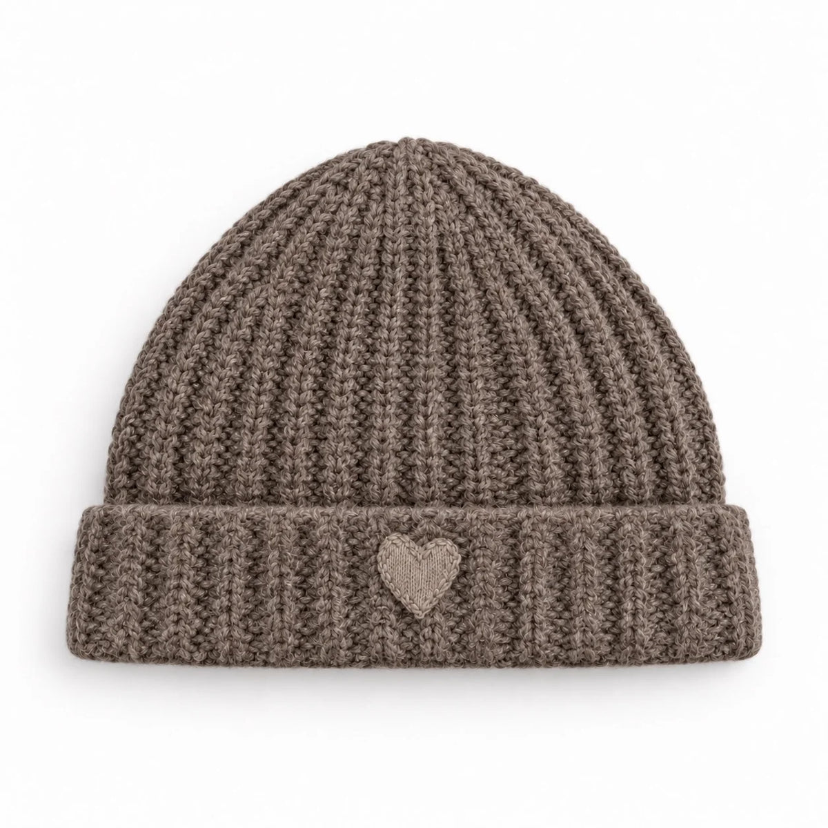 Ribbed merino wool beanie in brown by Kerri Rosenthal, featuring a small heart patch on the folded cuff.