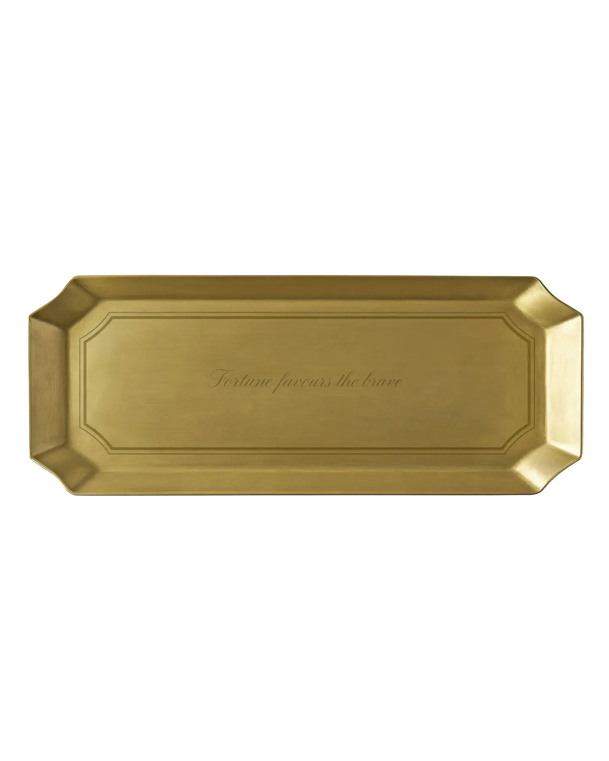 Brass tray with raised edges and Fortune Favours the Brave engraving, by Faire, elegant accent for any room.