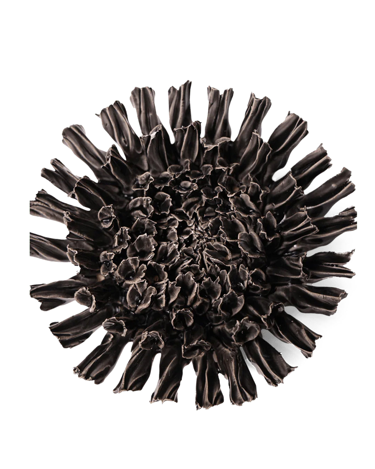 The Fractal Black Flower by Faire is a dark chocolate sculpture with ruffled, petal-like layers arranged in a circular pattern, similar to ceramic flower wall hangings, shown against a white background.