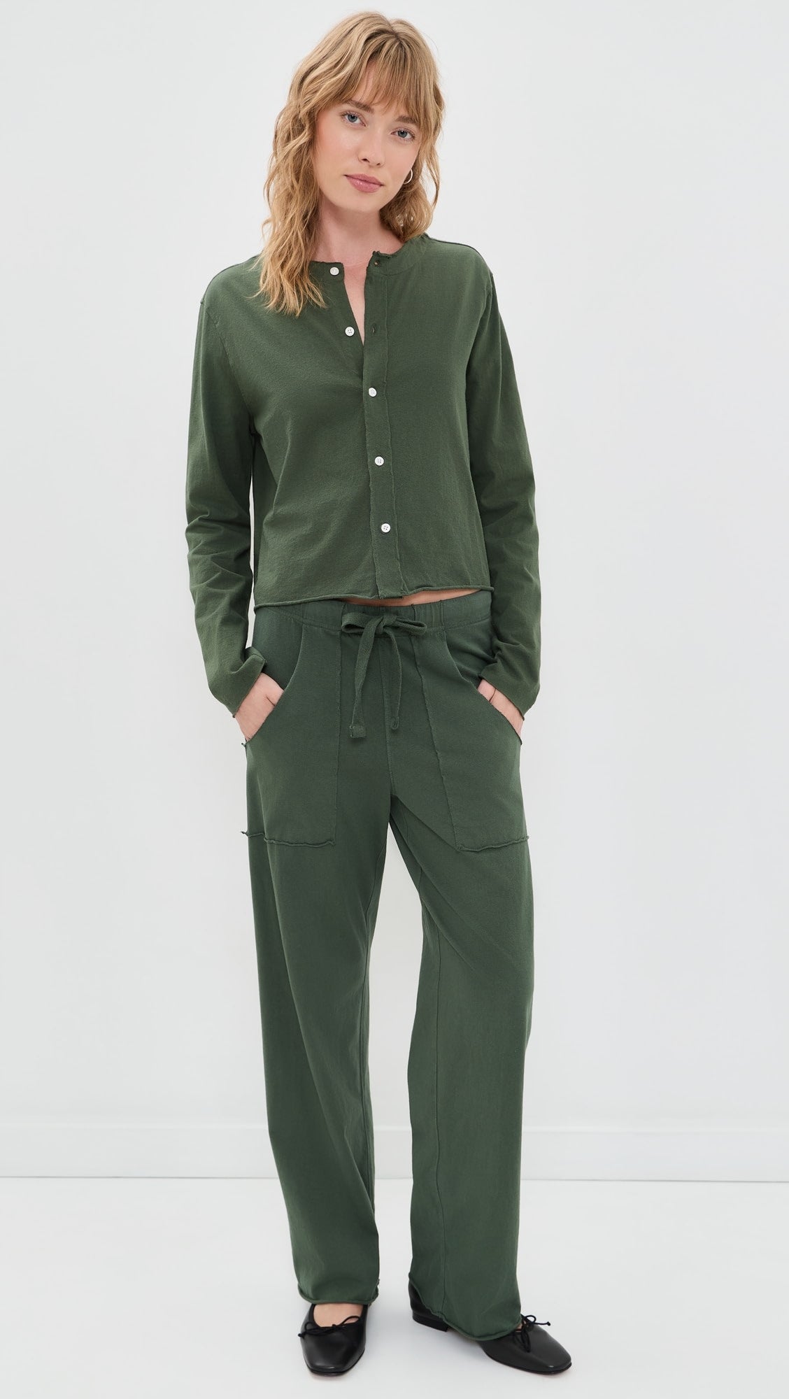 Frank & Eileen dark green HJ Penny Patch Pocket shirt and pull-on pants modeled against a white background.