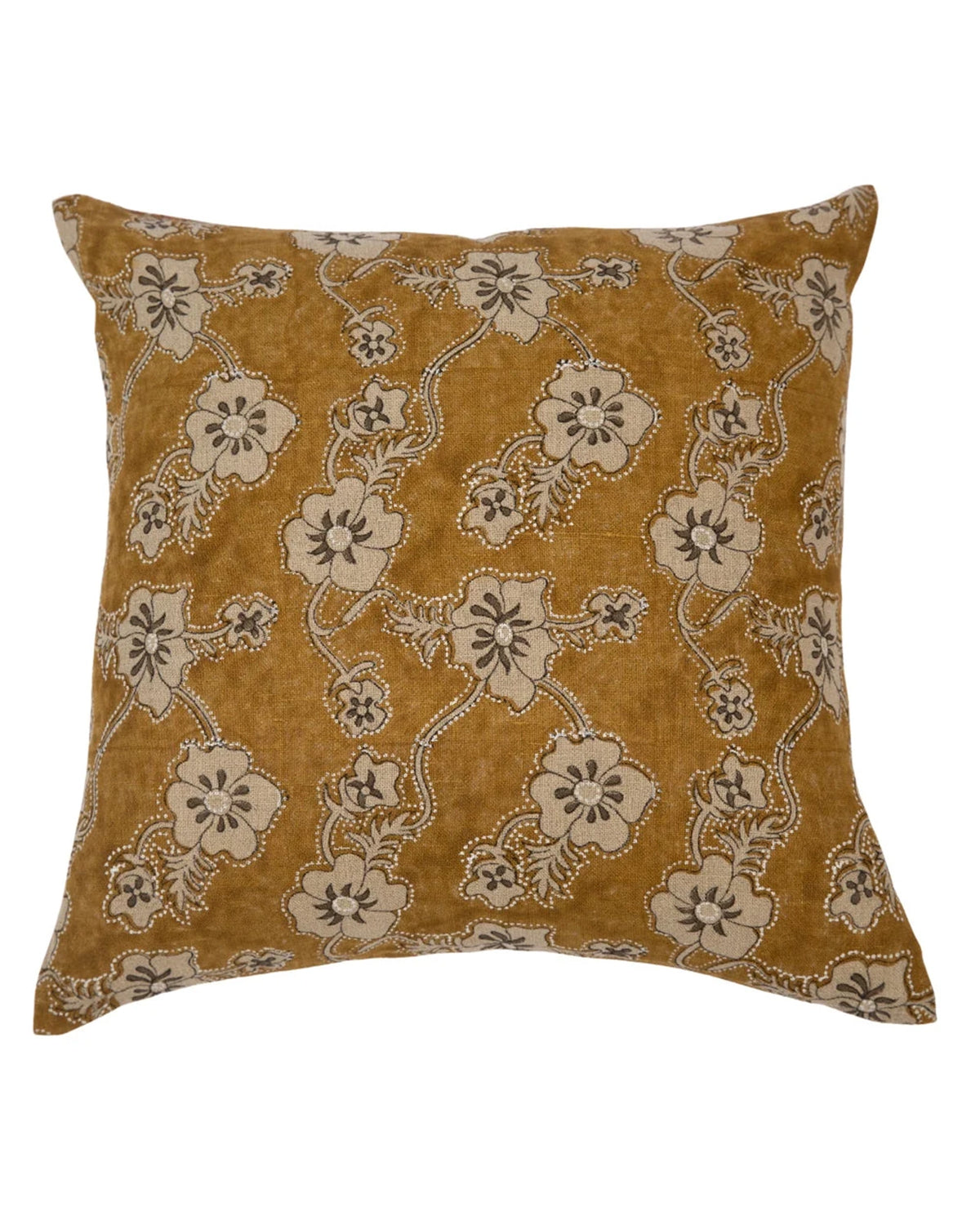 Mustard yellow pillow with white and brown floral pattern, 22x22, Filling Spaces Fremont Mustard for Bungalow Furniture.