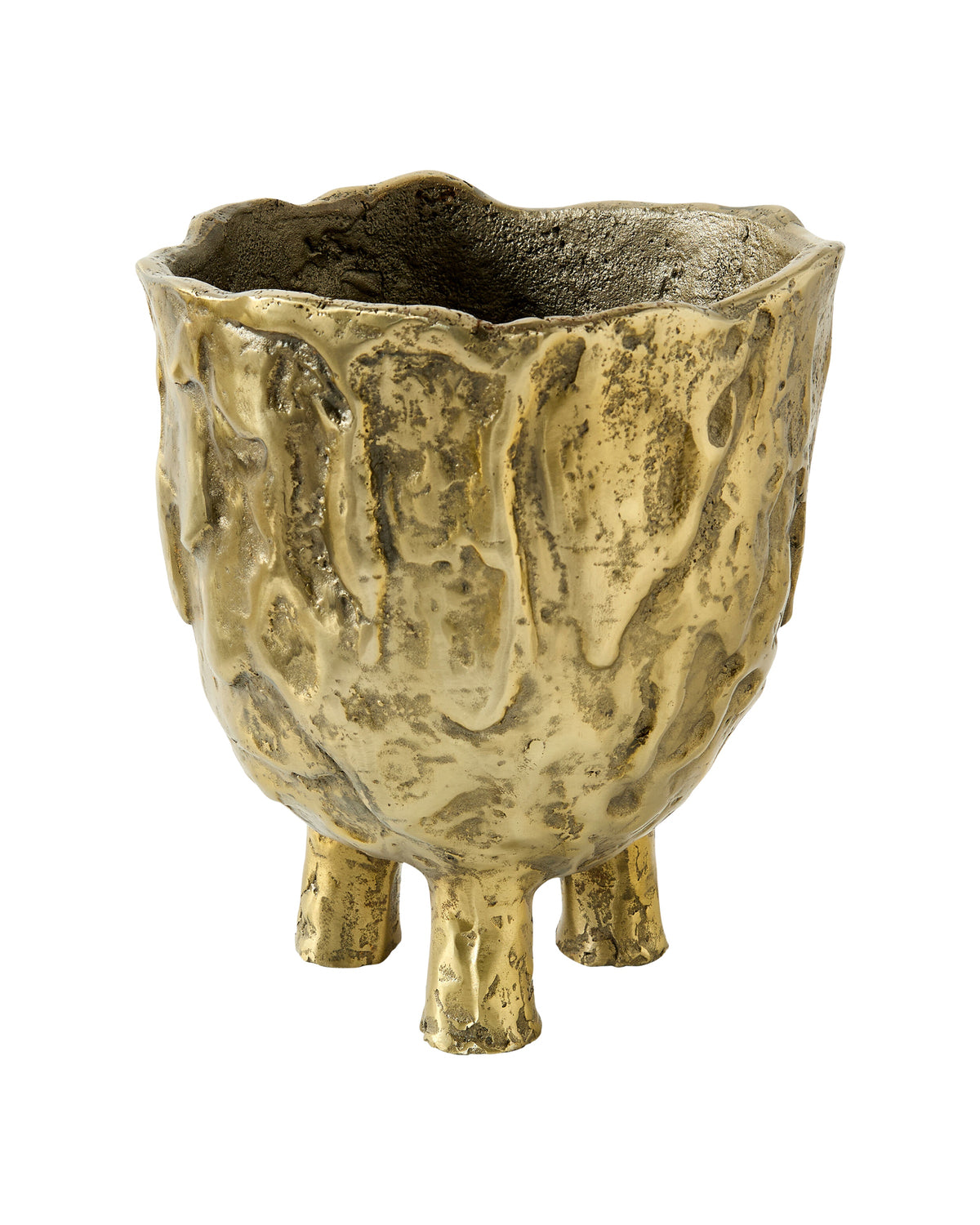 Gold textured brass pot with uneven rim and three short legs by Global Views, Fucina Pot Brass S, shown on white.