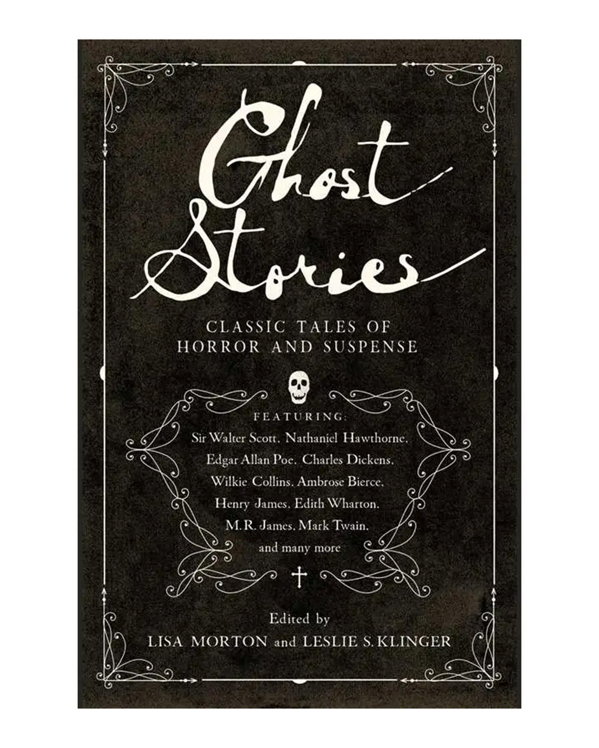The Ghost Stories book with a black cover, white text, and ornate border by Simon & Schuster Inc.