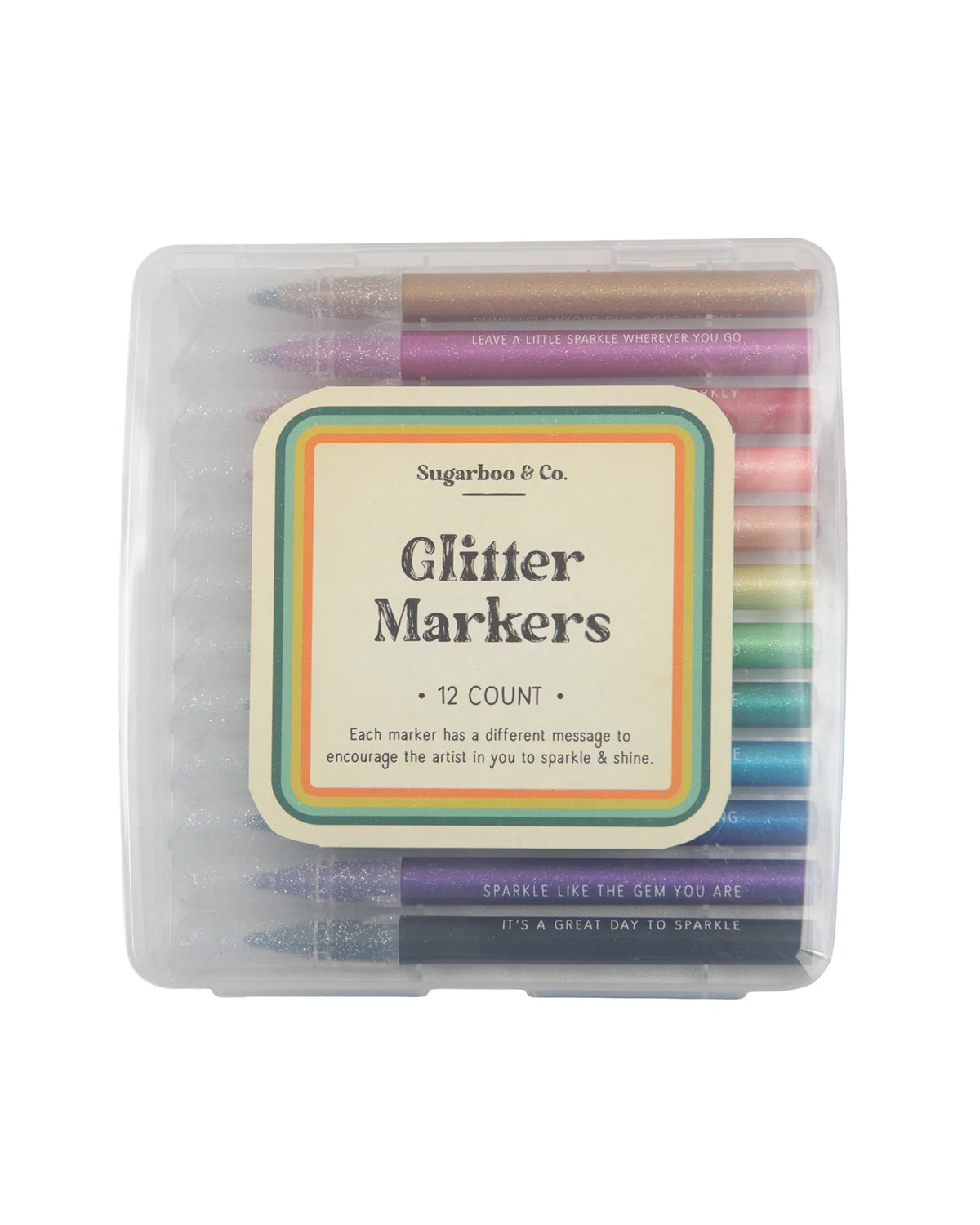 The Sugarboo Designs Glitter Markers 12 count set features assorted shimmering colors in a clear case, each marker with an encouraging message—ideal for journaling and adding sparkle to your projects.