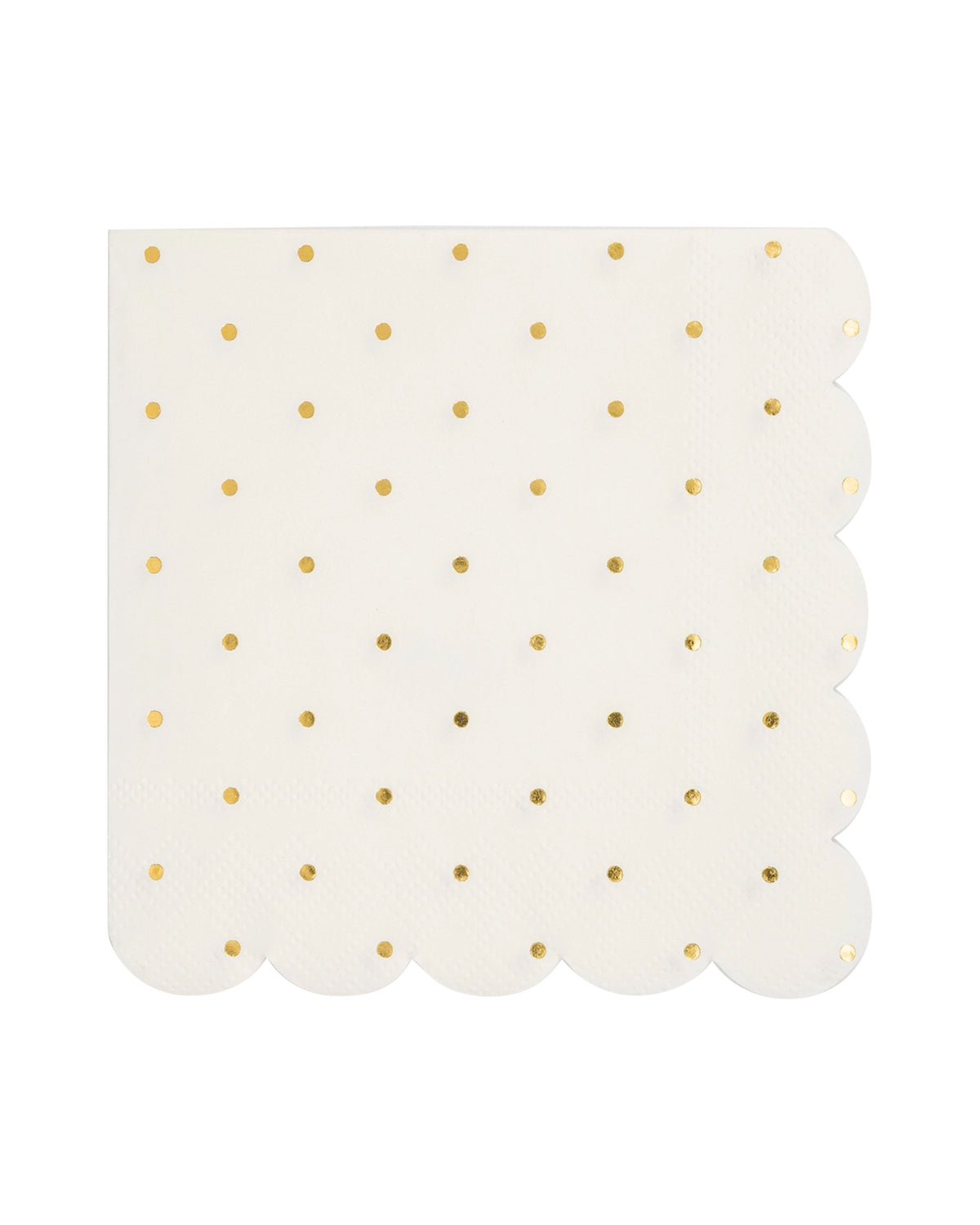 Square white paper cocktail napkins with gold foil polka dots and scalloped edges by Bungalow Furniture & Accessories.