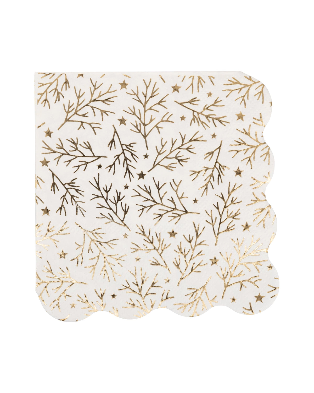 Foiled Sprigs and Foliage Cocktail Napkins by Bungalow Furniture & Accessories in scalloped white with gold foil.