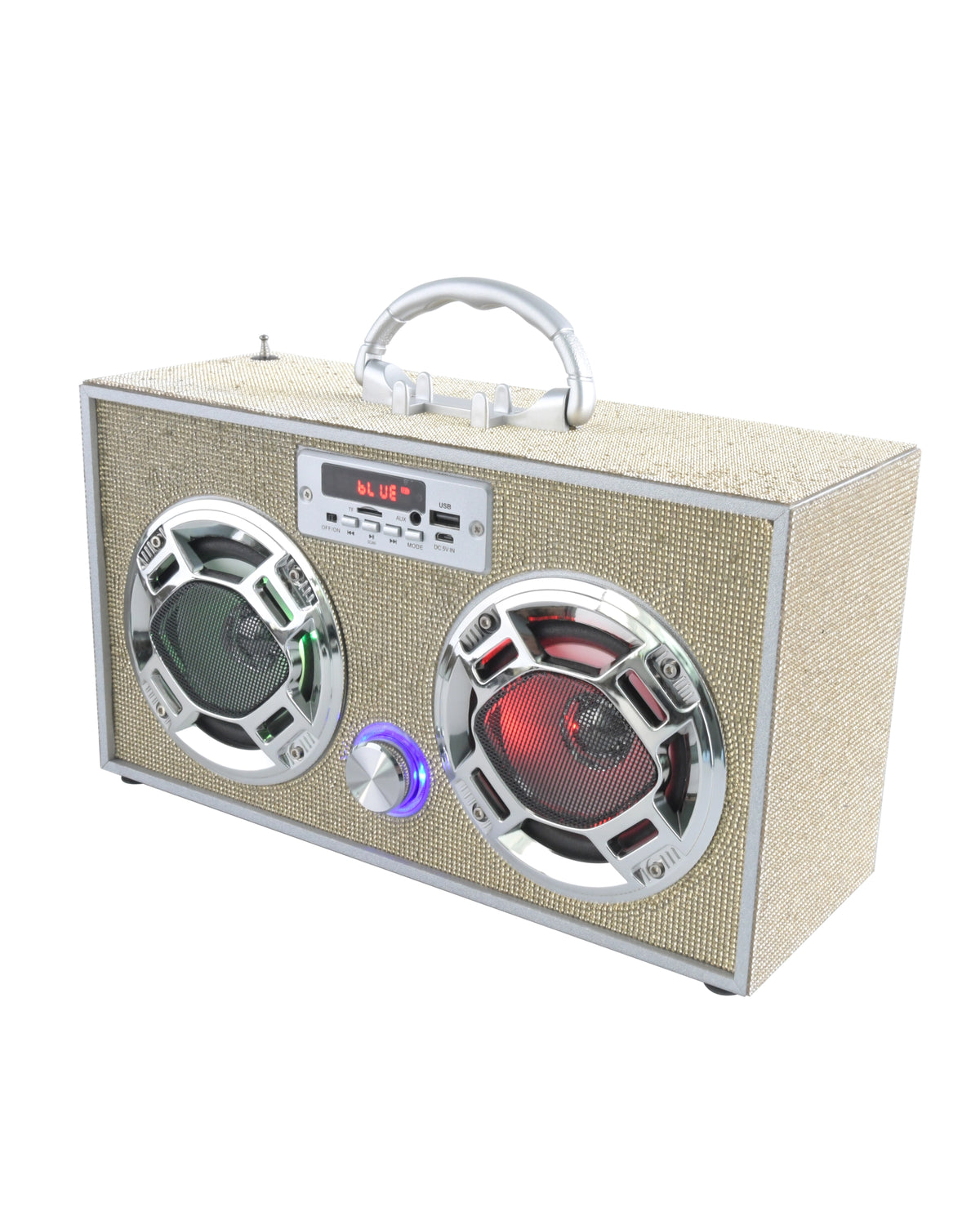 The Faire Gold Bling Wireless Boombox with FM Radio features a fabric-like beige exterior, two large LED light-up speakers with silver rims, a central blue-lit control knob, a silver handle on top, and displays "BL UE".