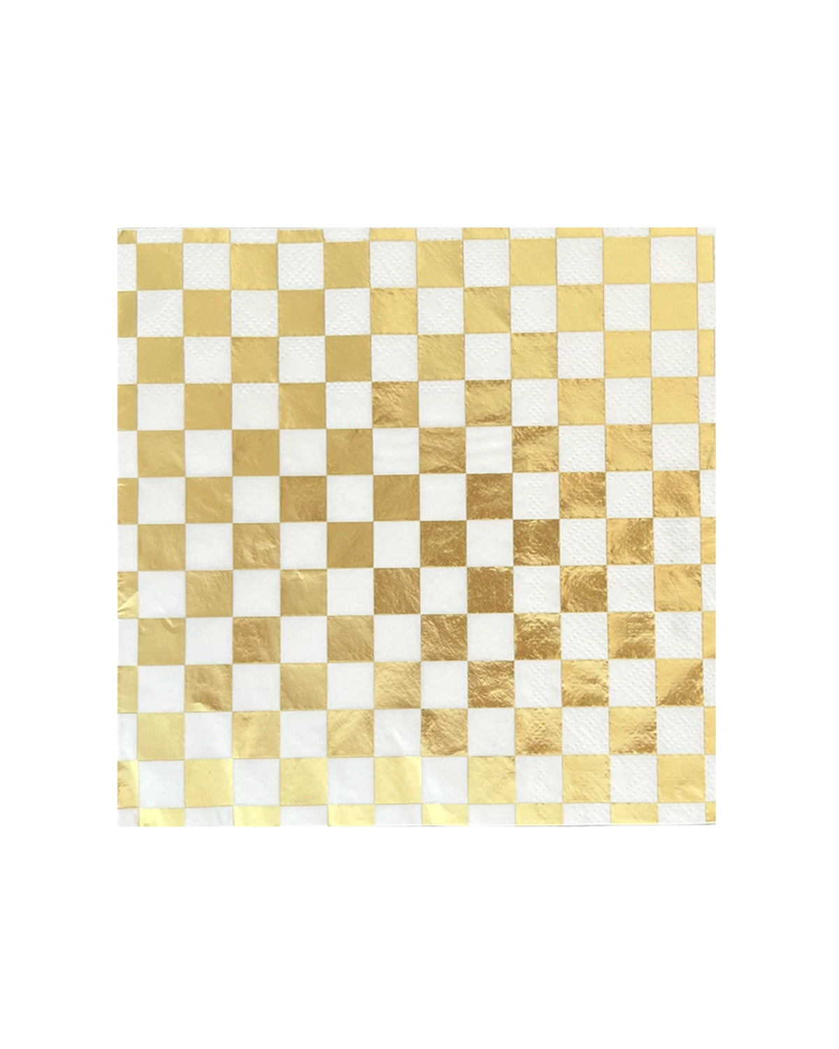 Faire’s Check It! Cocktail Napkins feature a gold and white checkerboard design with alternating metallic gold and plain squares—ideal for adding style to any party tableware collection.