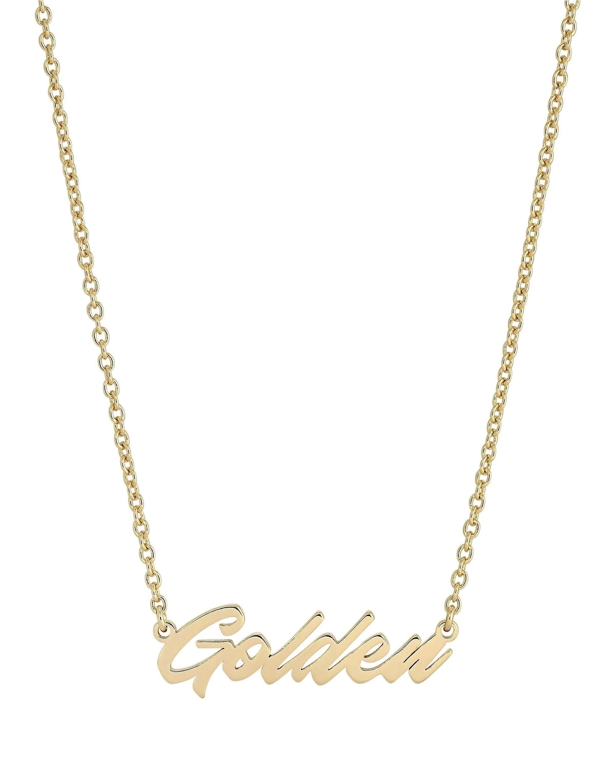 The Faire Script Necklace is a 14K gold, handmade piece featuring a cursive "Golden" pendant attached at both ends to the chain, photographed on a plain white background.