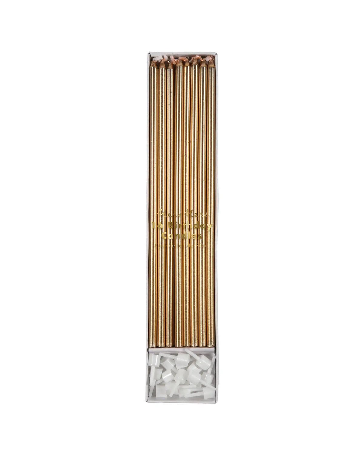 A box of Faire Gold Long Candles, neatly arranged in a row, features an elegant gold color with white tips, resembling sophisticated party straws.