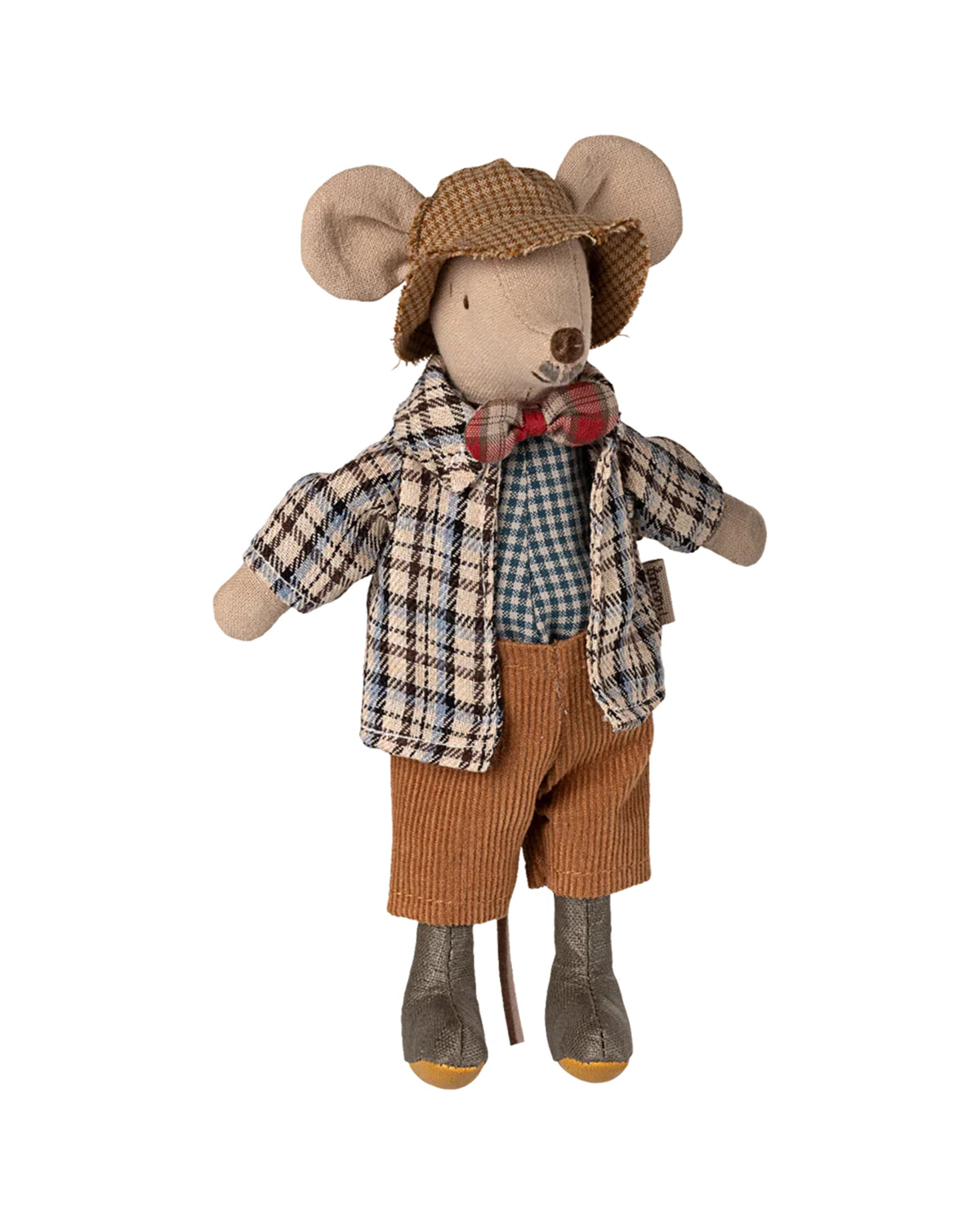 The Maileg Granddad Mouse, by Maileg, is a stuffed toy mouse with magnetic paws. He stands upright on a white background, dressed in a brown plaid hat, checked jacket, plaid bow tie, green shirt, corduroy pants and gray boots.