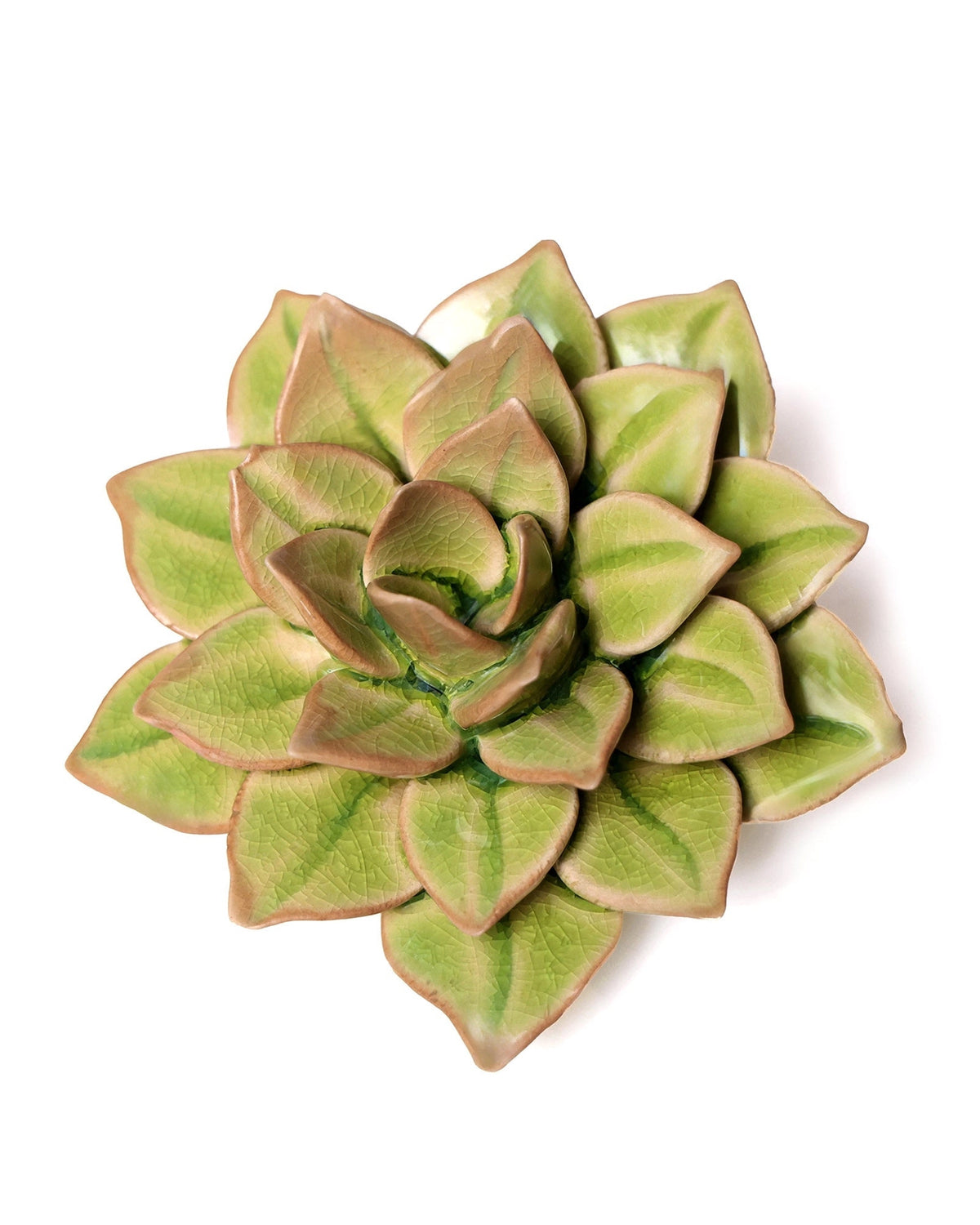 A close-up of the Green Fairy Echeveria by Faire shows its layered, realistic green ceramic leaves, perfect as pottery wall decor, displayed on a clean white background.